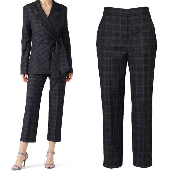 Tibi Trouser Pants Marvel Black Blue Plaid Taylor Straight Leg Ankle Pant Size 4 - Picture 1 of 11